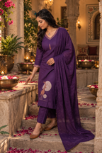 Pure Cotton Kurti Pant Set With Dupatta(Violet)