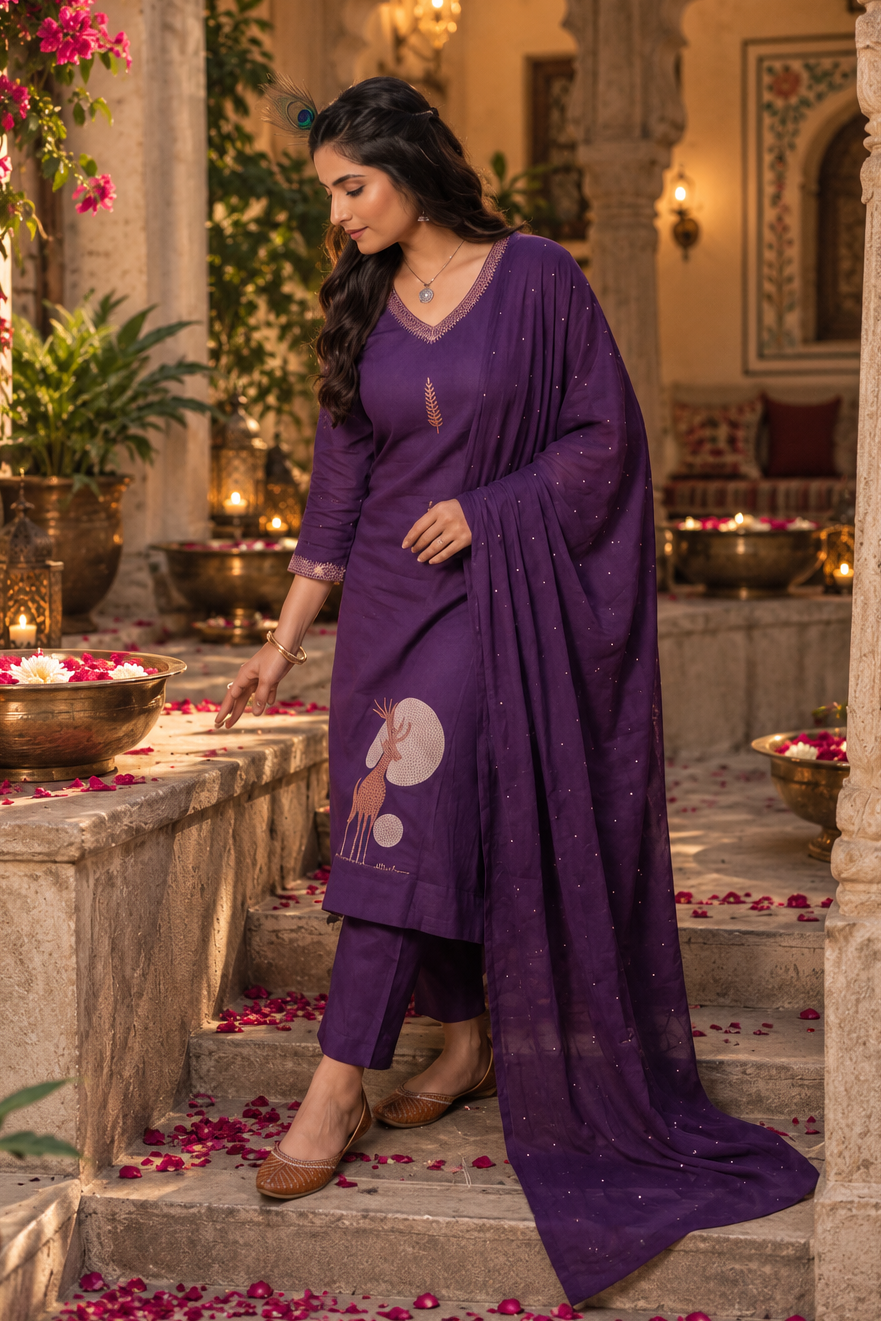 Pure Cotton Kurti Pant Set With Dupatta(Violet)