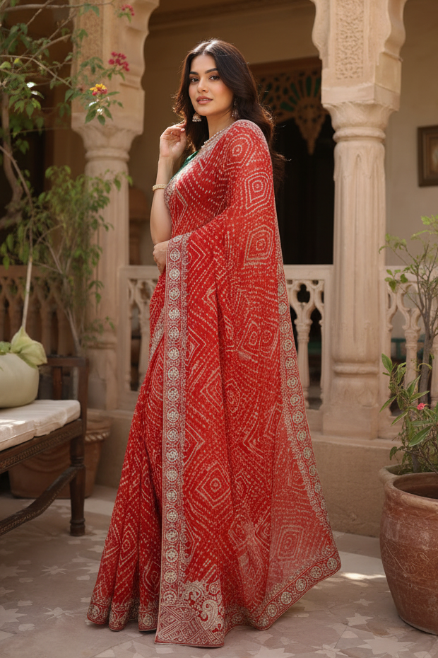 Georgette Bandhani Print Saree With Unstitched Blouse(Pink)