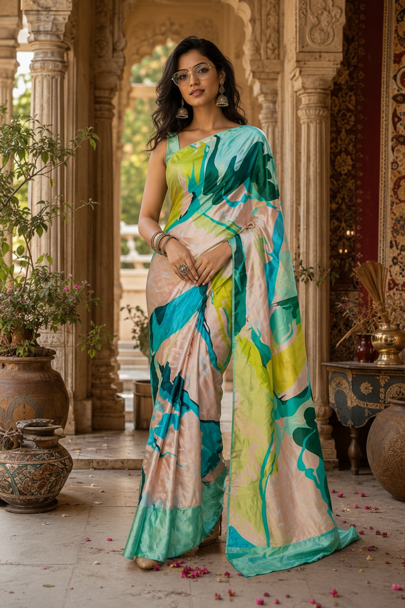 Satin Silk Printed Saree With Unstitched Blouse(Green)