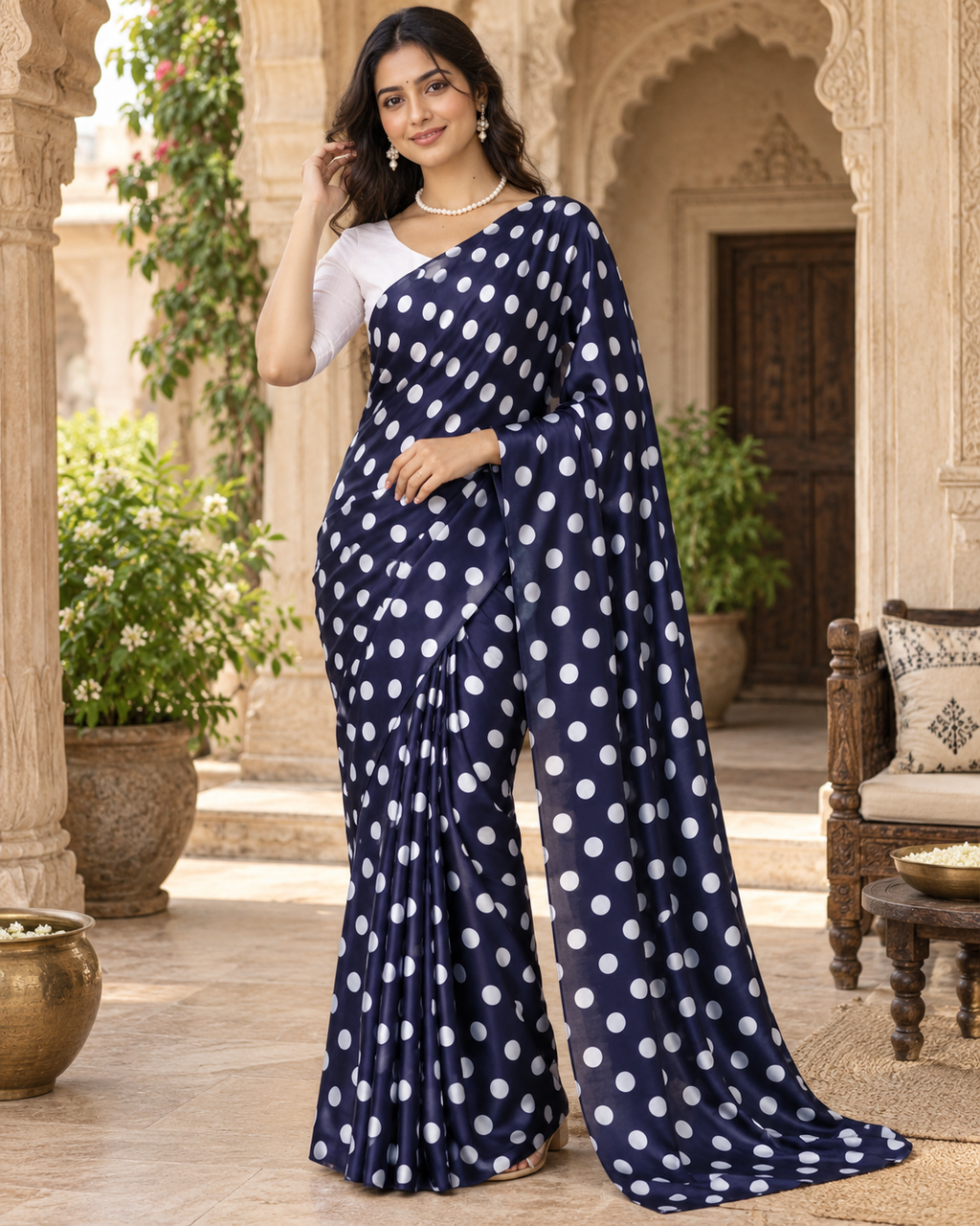 Satin Silk Printed Saree With Unstitched Blouse(Navy Blue)