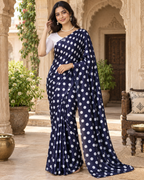 Satin Silk Printed Saree With Unstitched Blouse(Navy Blue)