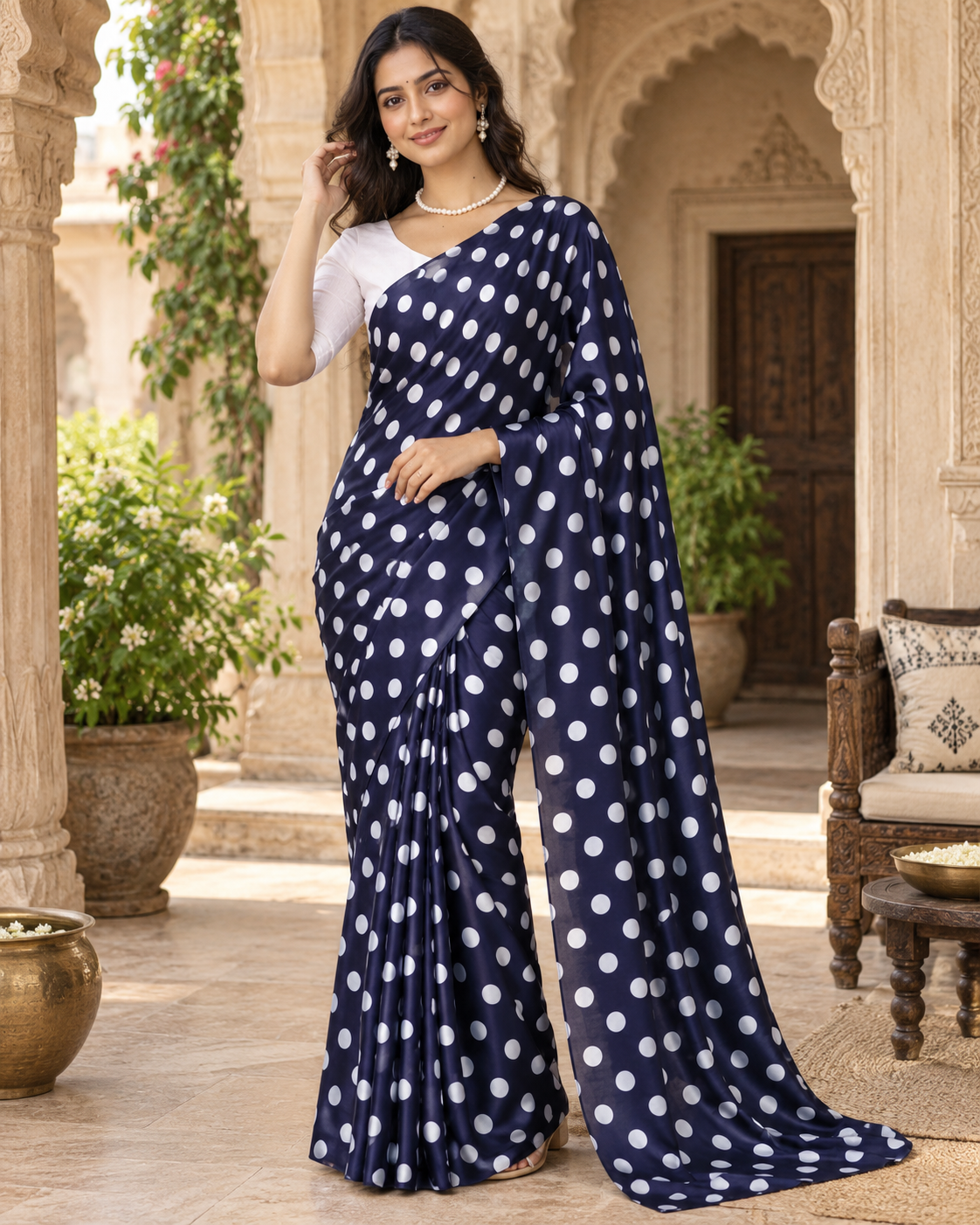 Satin Silk Printed Saree With Unstitched Blouse(Navy Blue)