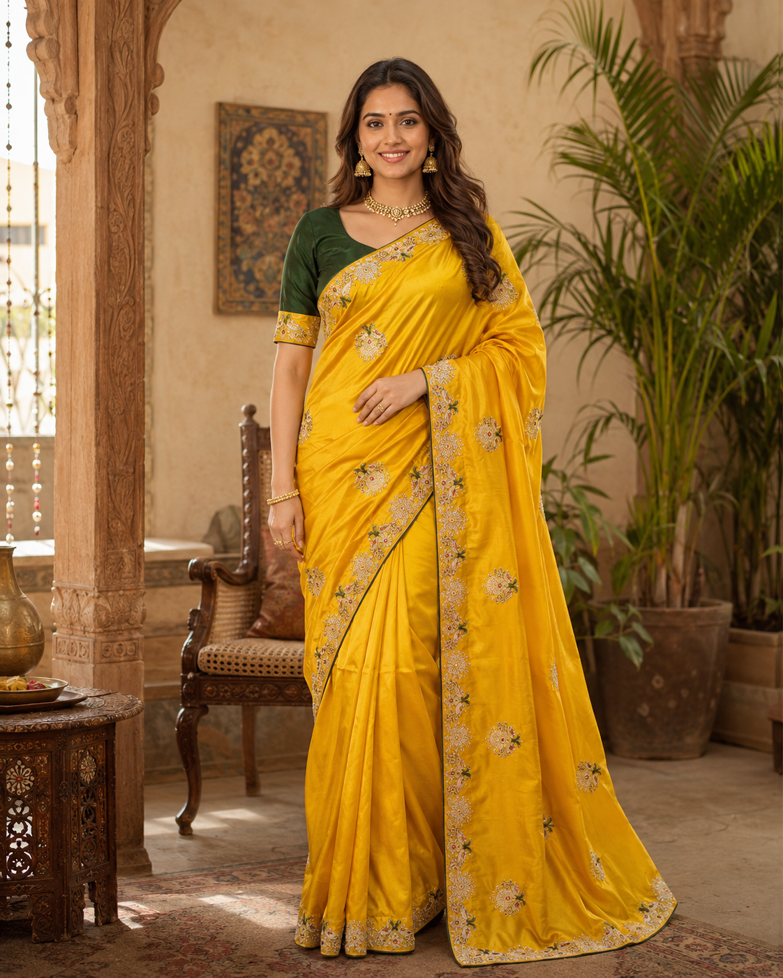Premium Satin Silk Saree With Unstitched Blouse(Yellow)