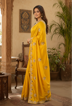 Premium Satin Silk Saree With Unstitched Blouse(Yellow)