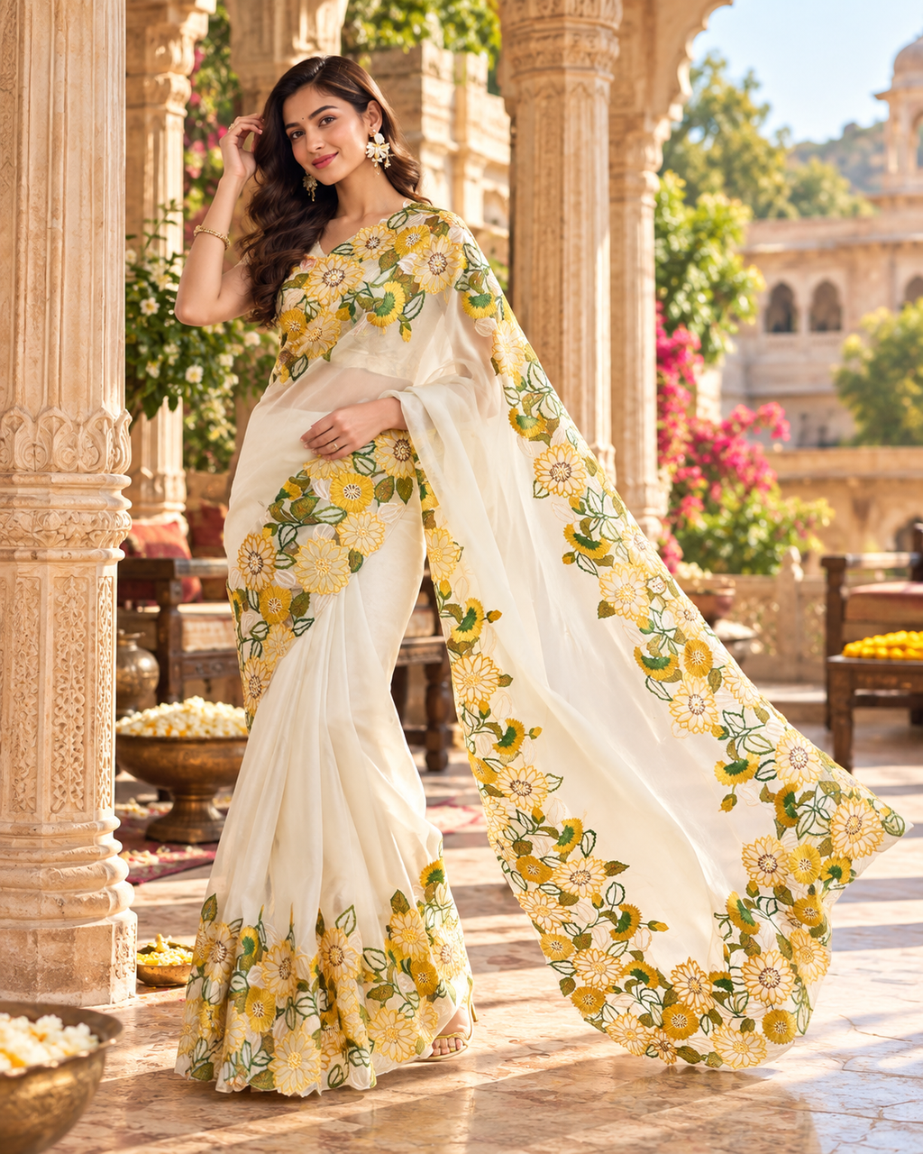 Organza Flower Design Multi Embroidery Work Sare Wth Unstitched Blouse(White)