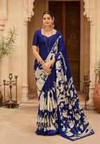Satin Silk Kalamkari Print Saree With Unstitched Blouse(Deep Blue)