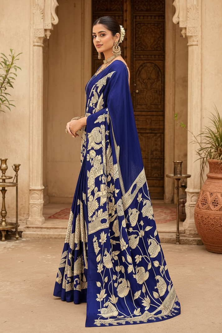 Satin Silk Kalamkari Print Saree With Unstitched Blouse(Deep Blue)