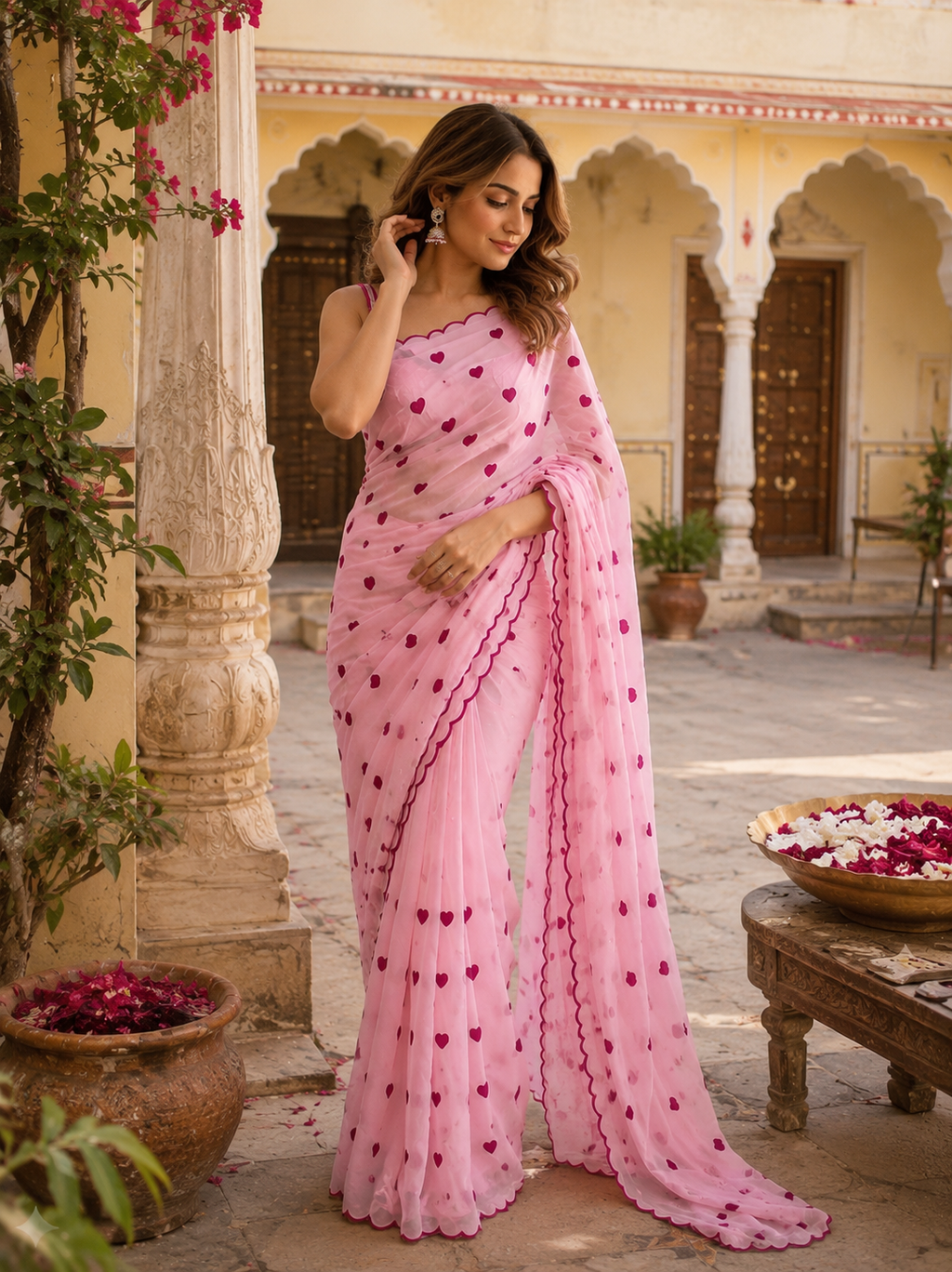 Georgette Printed Saree With Unstitched Blouse(Pink)