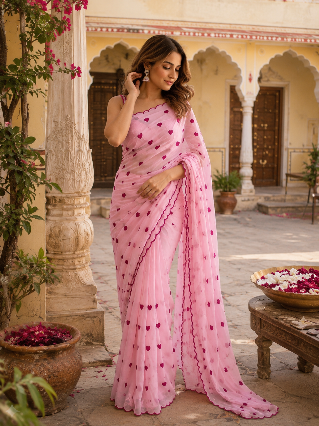 Georgette Printed Saree With Unstitched Blouse(Pink)