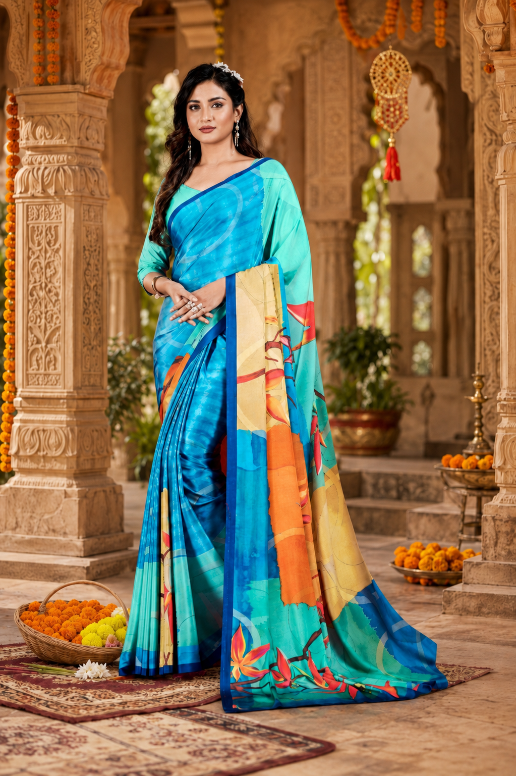 Soft crepe silk digital print saree with unstitched blouse(blue)