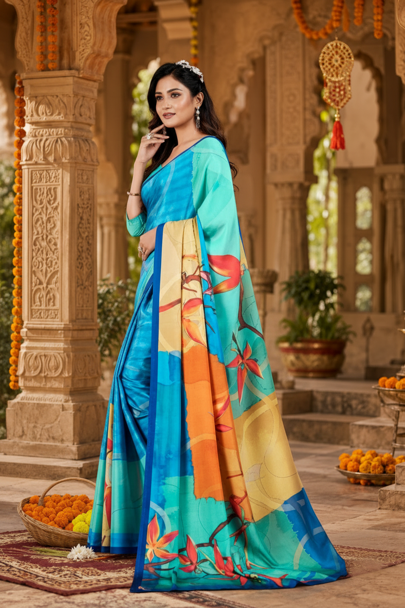 Soft Crepe Silk Digital Print Saree With Unstitched Blouse(Blue)