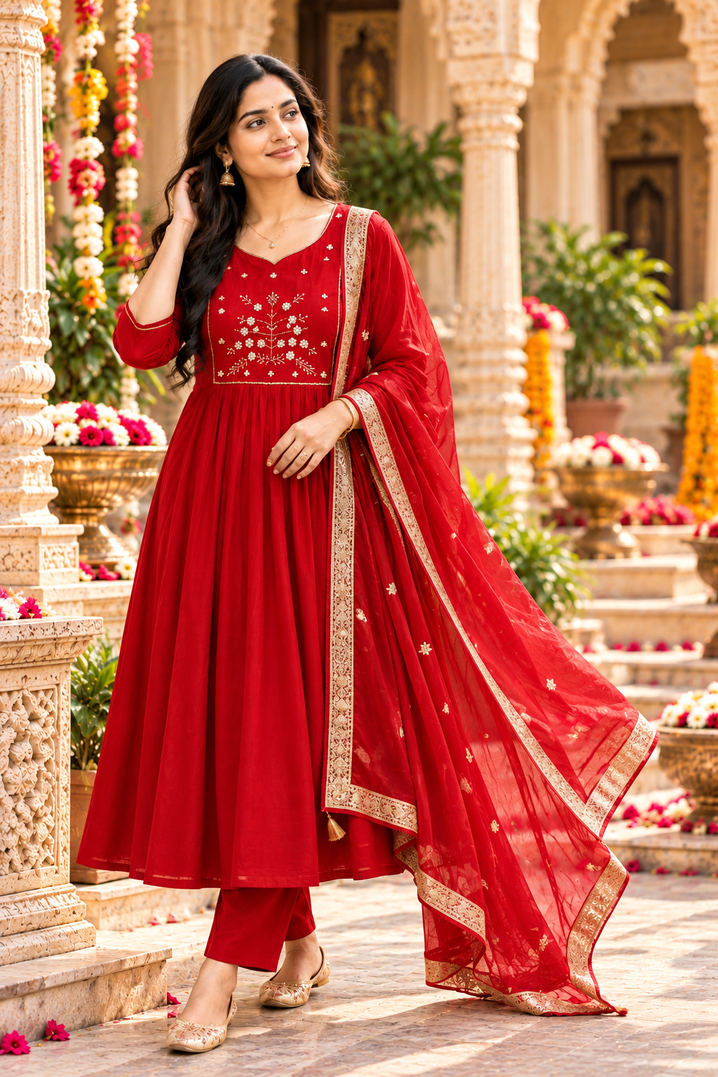Chanderi Cotton Kurti Pant Set With Dupatta(Red)