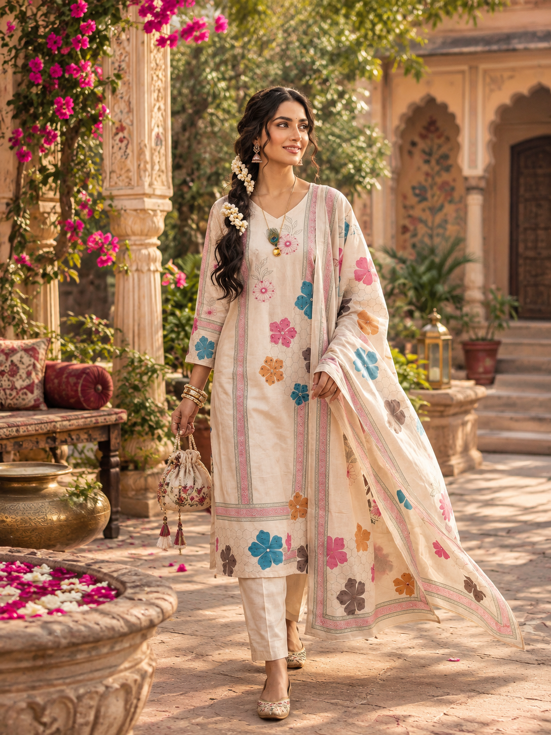 Cotton Digital Print Kurti Set With Dupatta(Cream)
