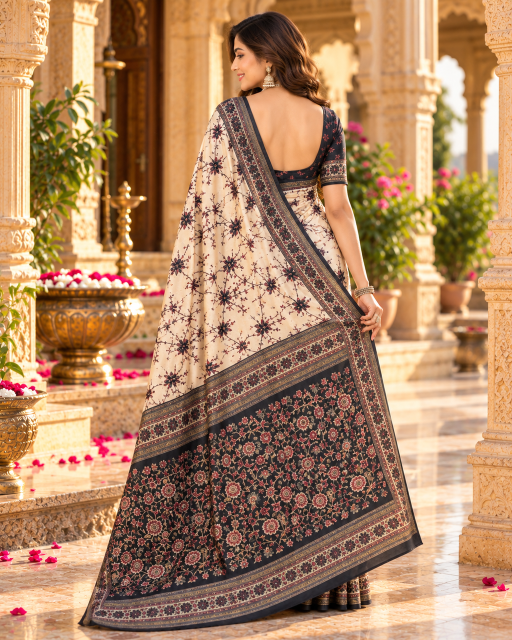Pure Silk Printed Saree With Unstitche Blouse(White)