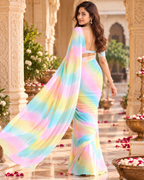 Chiffon Silk Digital Print Saree with Unstitched Blouse(Blue)