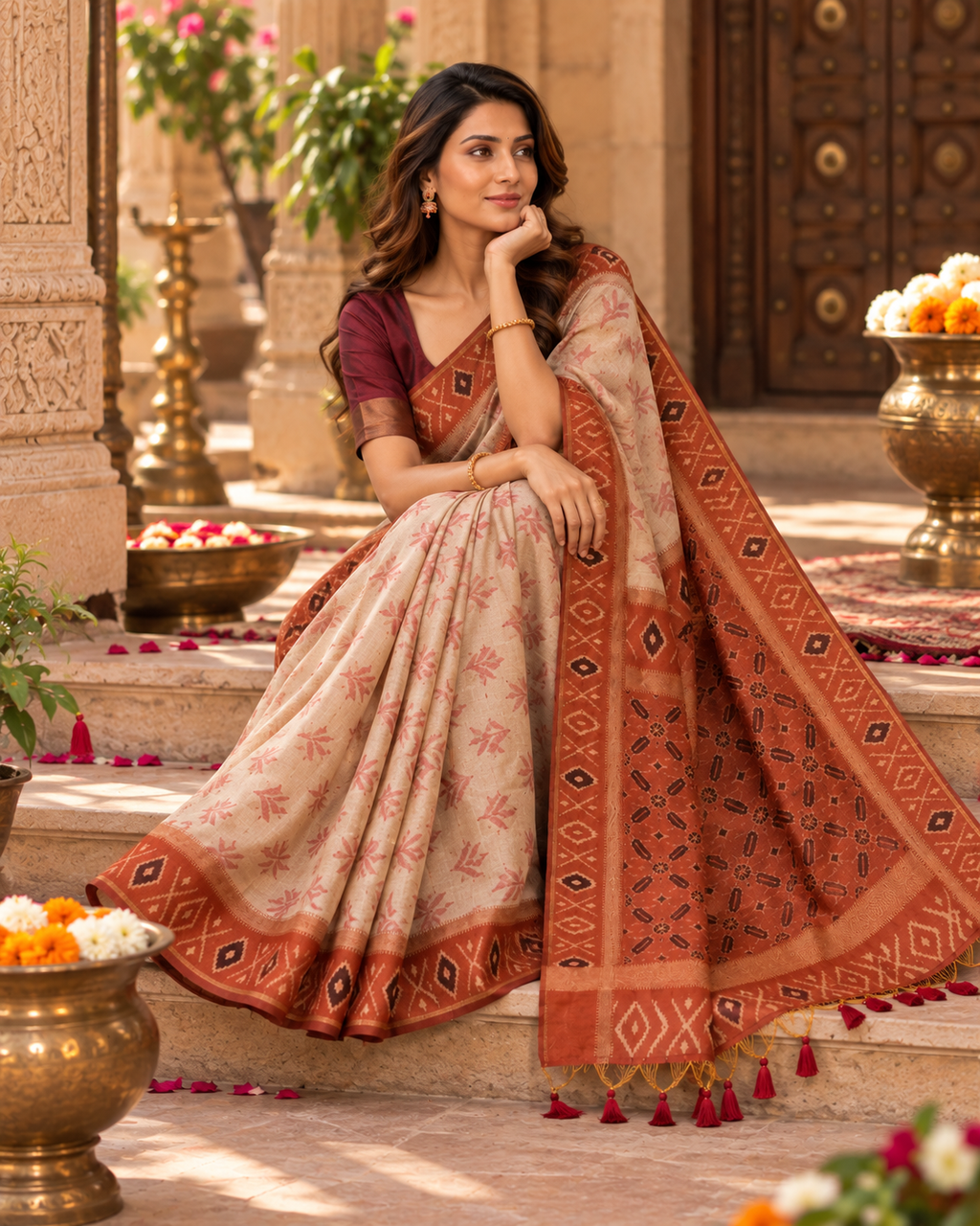 Patola Silk Floral Motif Work Saree With Unstitched Blouse(Beige)