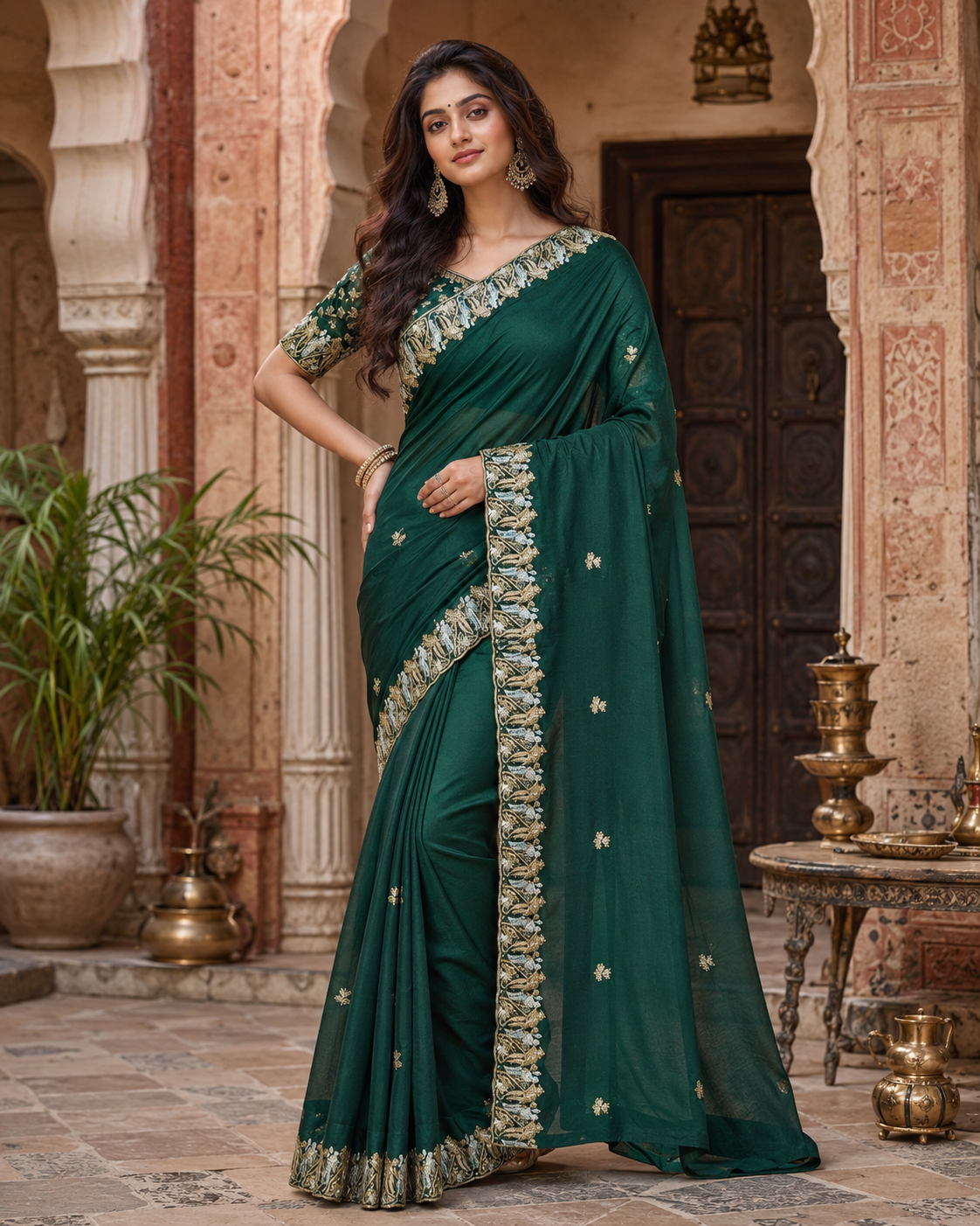 Satin Silk Saree With Unstitched Blouse(Green)