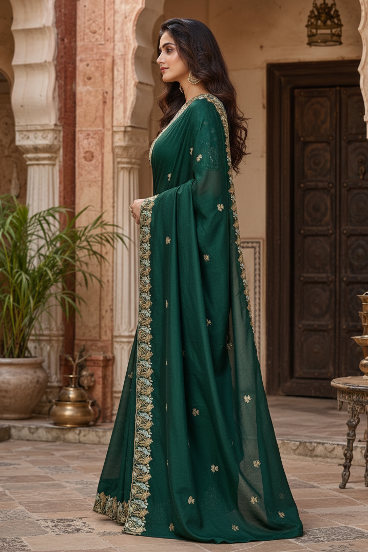 Satin Silk Saree With Unstitched Blouse(Green)