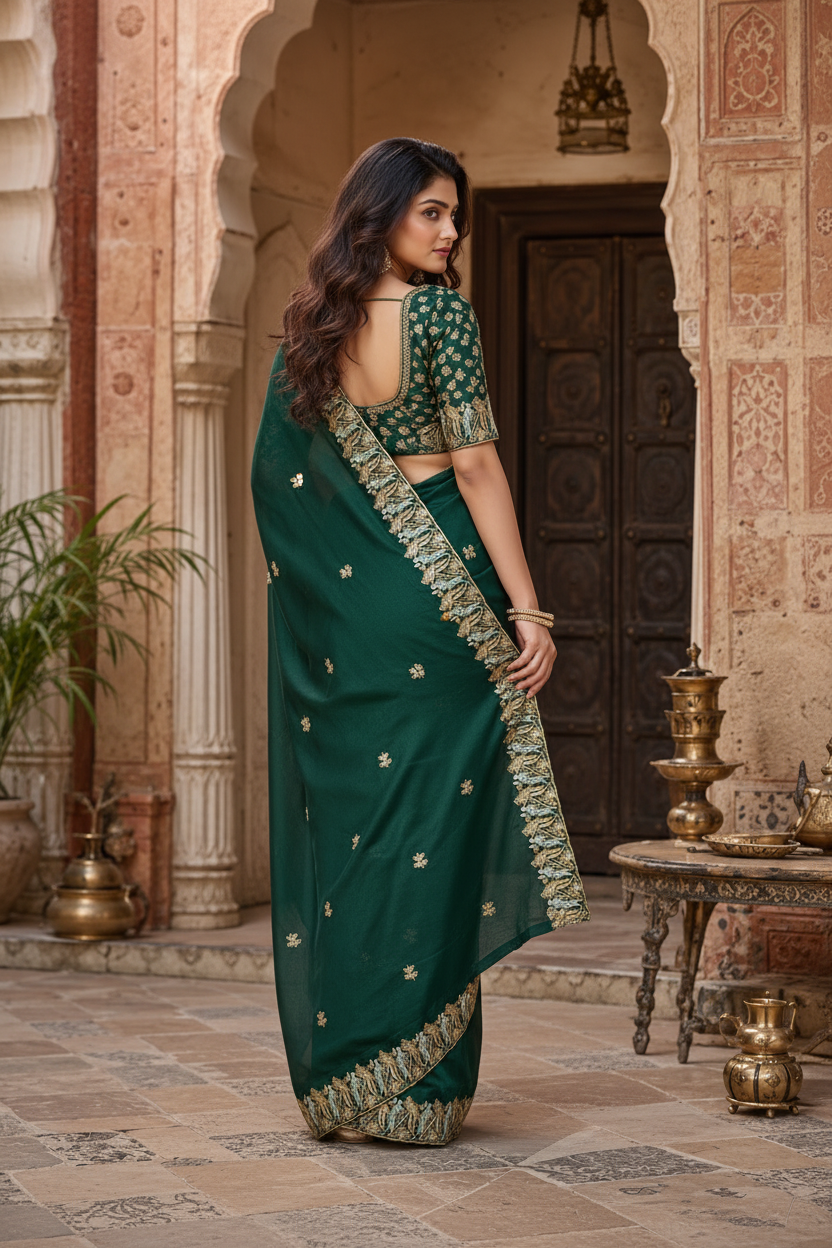 Satin Silk Saree With Unstitched Blouse(Green)