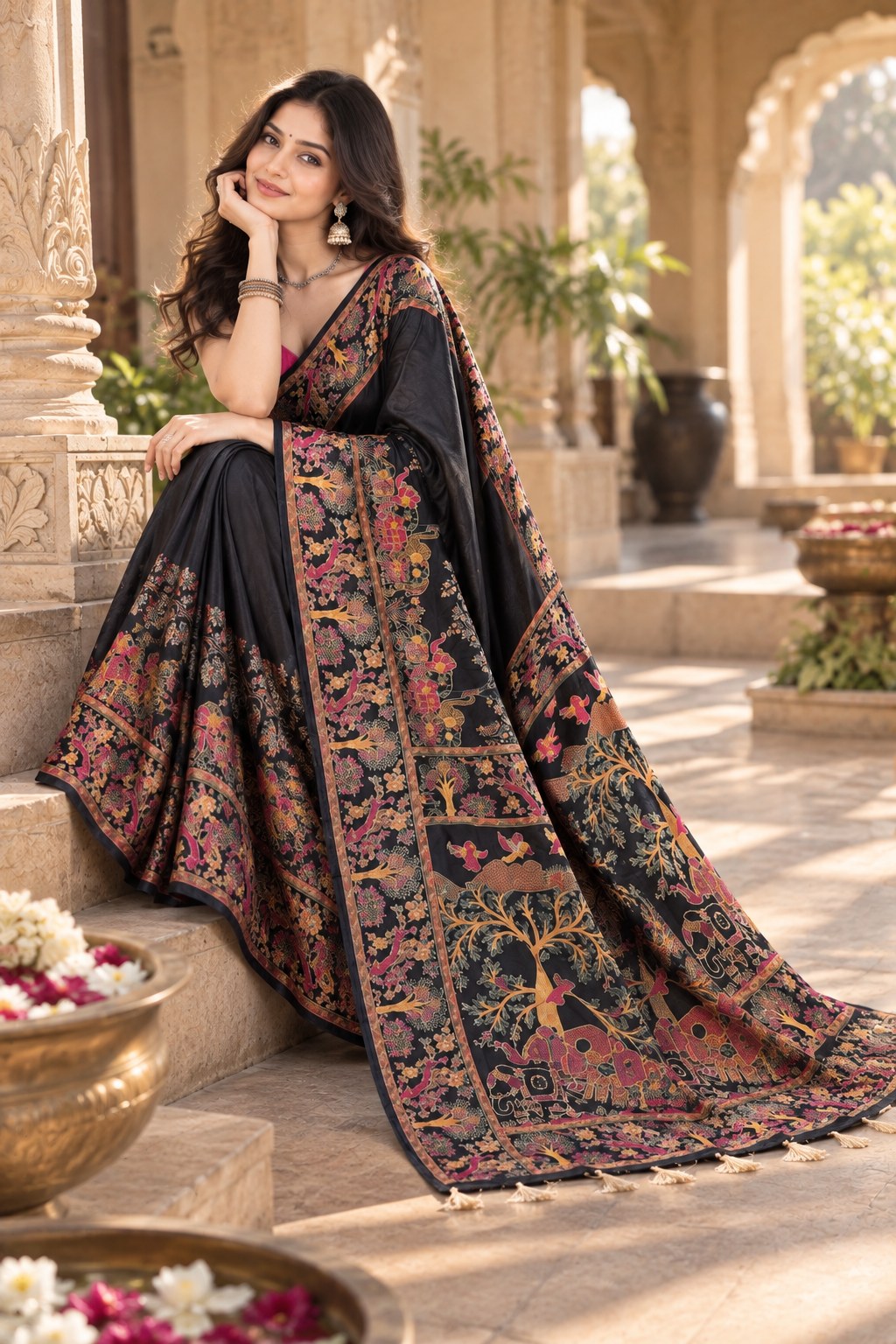Premium Pashmina Kashmiri  Meenakari Weaves Tassels Saree (Black )