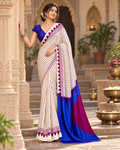 Satin Silk Ajrakh Printed Saree With Unstitched Blouse(White)