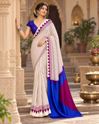Satin Silk Ajrakh Printed Saree With Unstitched Blouse(White)