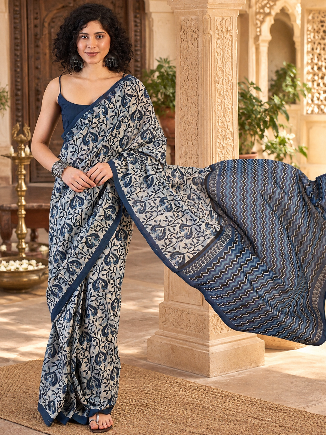 Cotton Printed Saree With Unstitched Blouse(Blue)