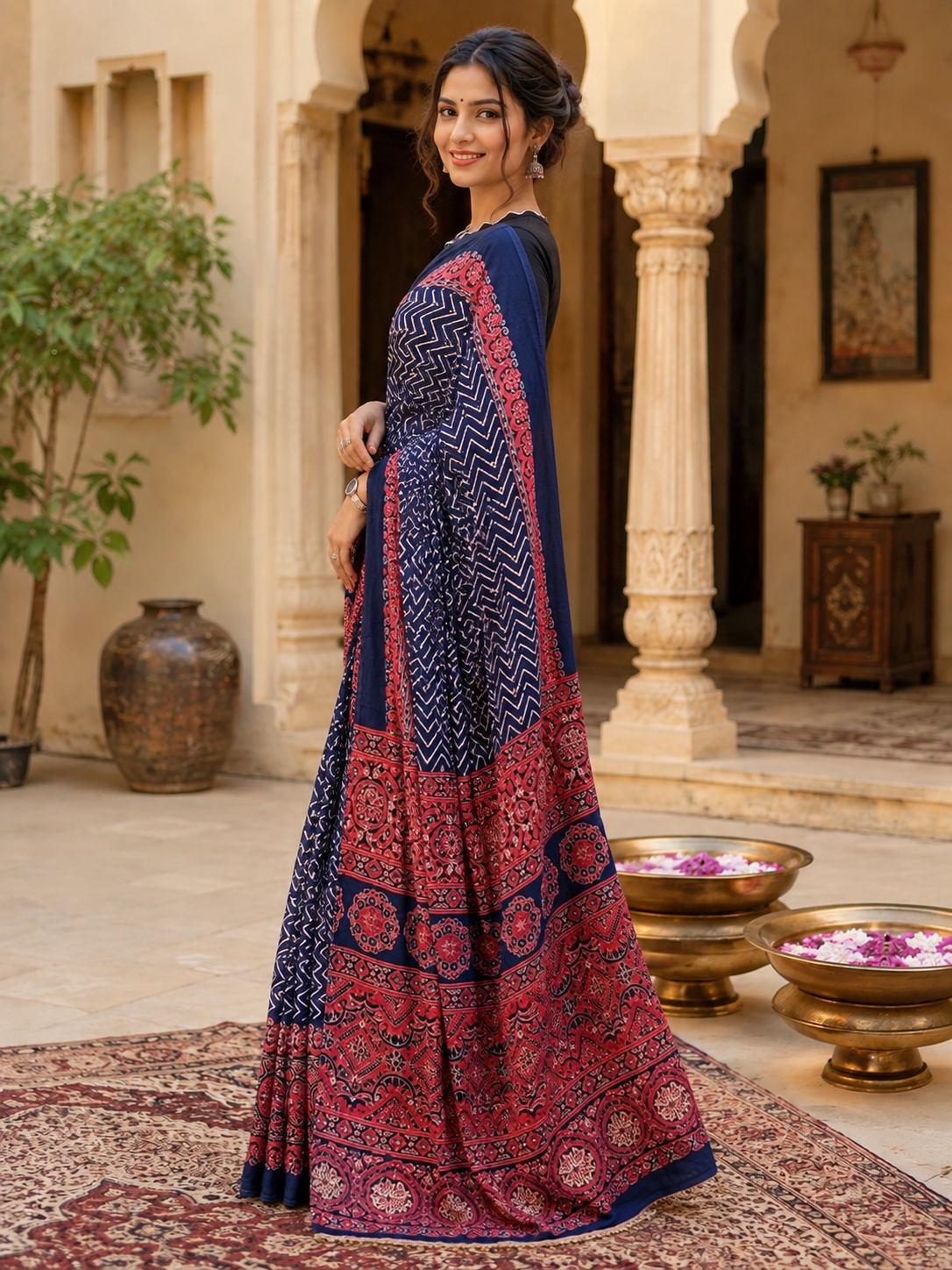 Premium Satin Silk Ajrarakh Print Saree with Unstitched Blouse(Blue)
