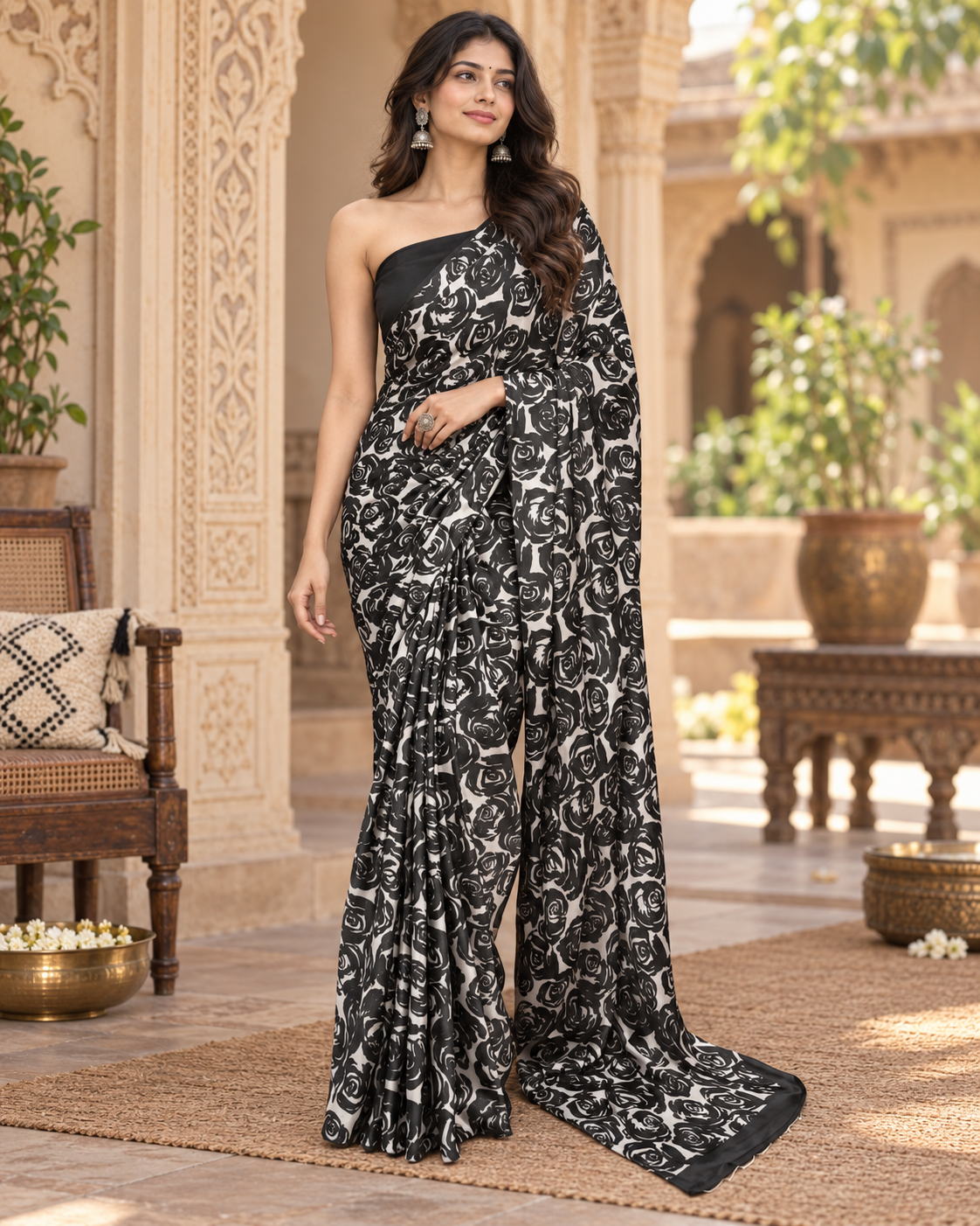 Satin Silk Printed Saree With Unstitched Blouse(Black)