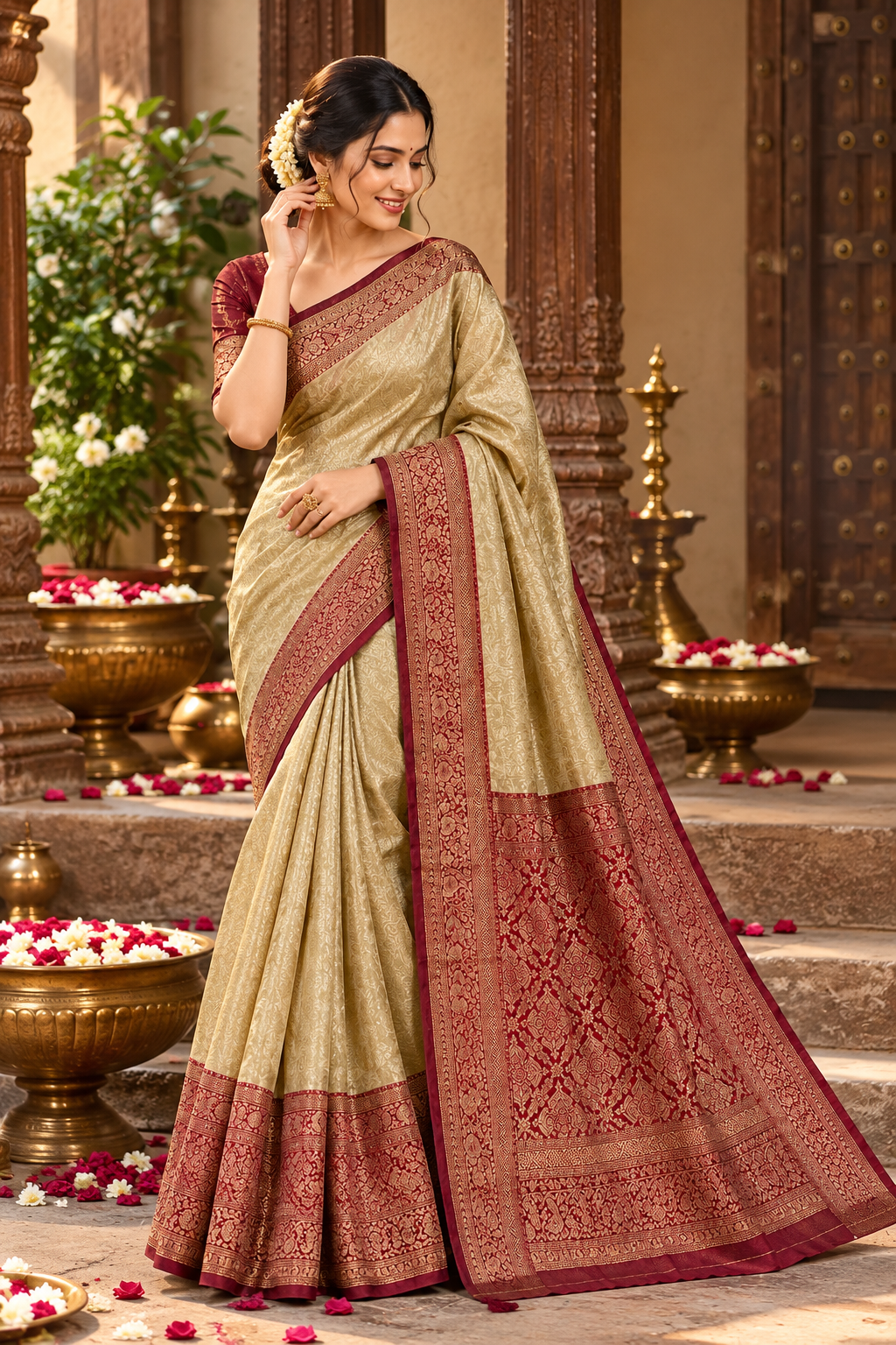 Pure Banarasi Silk Zari Weaving Pallu Work Saree With Unstitched Blouse(Red)