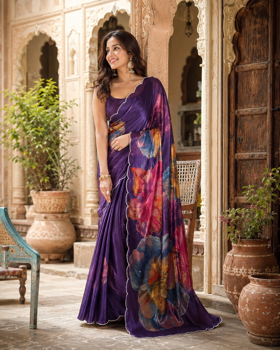 Satin Silk Floral Print Saree With Unstitched Blouse(Purple)
