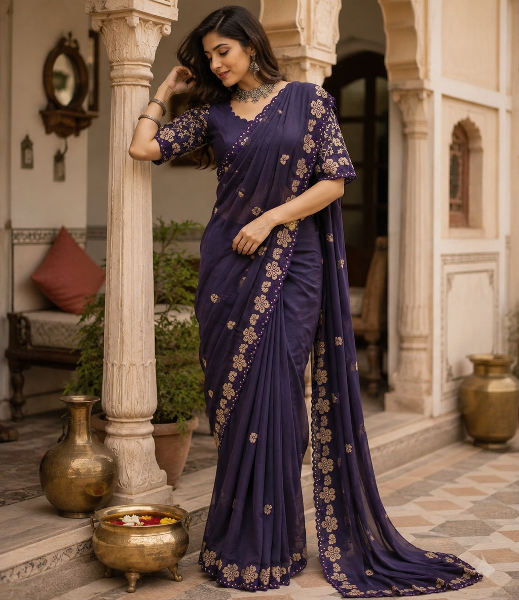 Premium Georgette Heavy Work Saree With Unstitched Blouse(Violet)