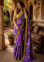 Mulmul Cotton Floral Printed Saree With Unstitched Blouse(Purple)