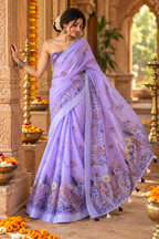 Linen Silver Zari Border Fumka Latakan Saree With Zari Border Unstitched Blouse (Lavender)