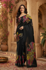 Load image into Gallery viewer, Satin Ajrakh print saree With Unstitched Blouse(Black)
