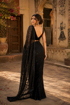 Georgette Embroidery Work Saree With Unstitched Blouse(Black)