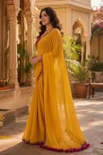 Load image into Gallery viewer, Georgette Lace Border Saree With Unstitched Blouse(Mustard)
