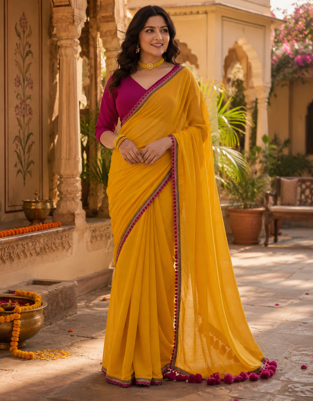 Georgette Lace Border Saree With Unstitched Blouse(Mustard)