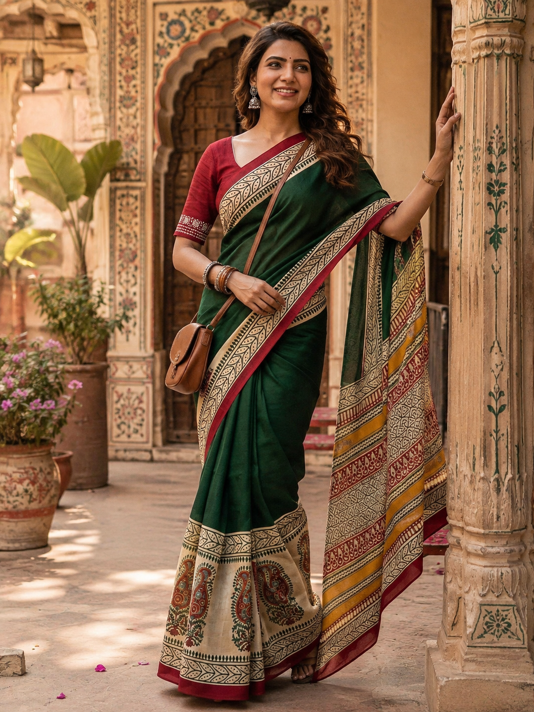 Mulmul Cotton Printed Saree With Unstitched Blouse(Green)