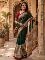 Load image into Gallery viewer, Mulmul Cotton Printed Saree With Unstitched Blouse(Green)

