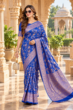 Premium Kanjivaram Silk Saree With Unstitched Blouse(Blue)