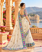 Pure Prada Silk Embroidery Sequin Work Saree with Unstitched Blouse(Silver)