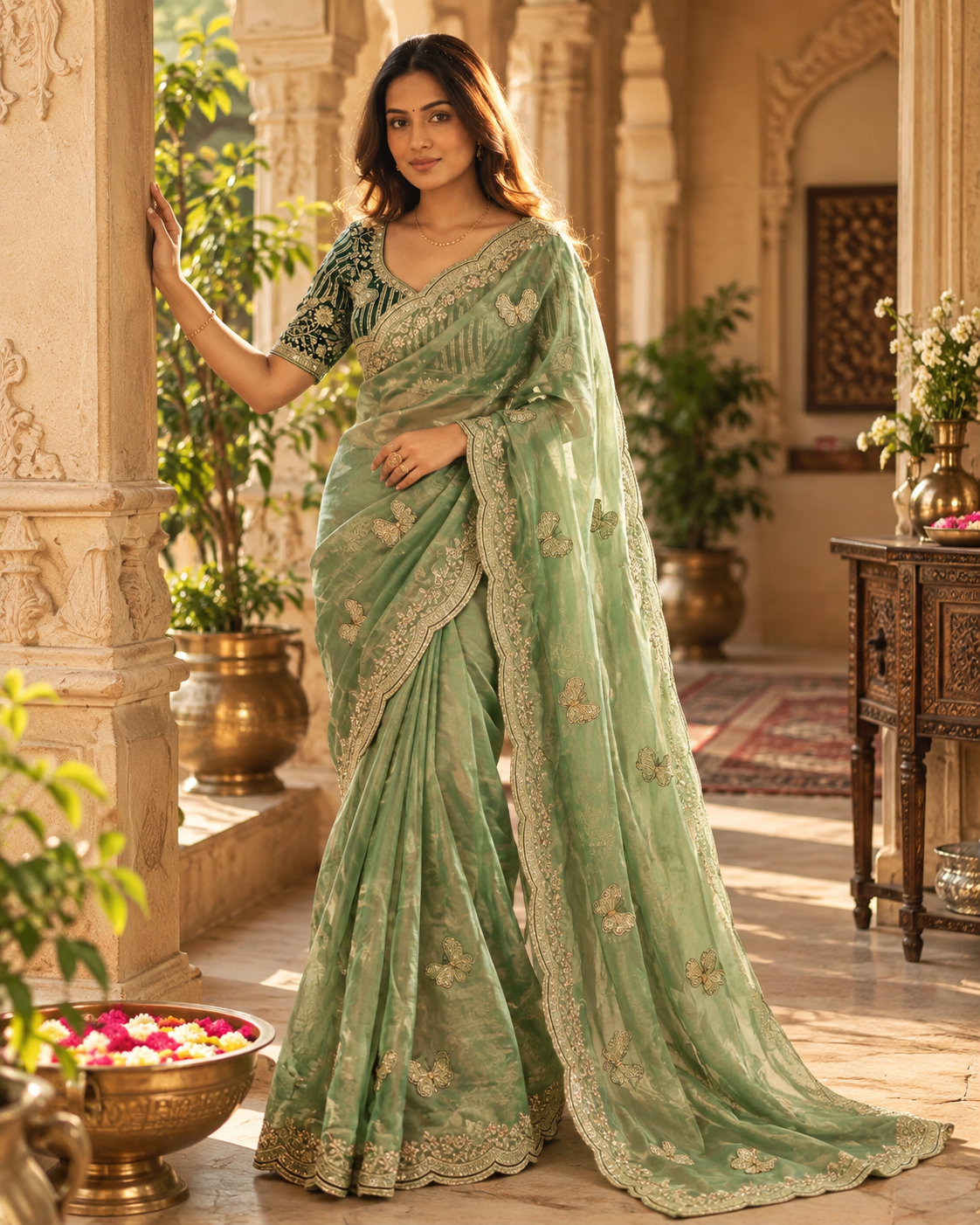 Premium Satin Silk Sequins Zari Work Saree With Blouse(Green)