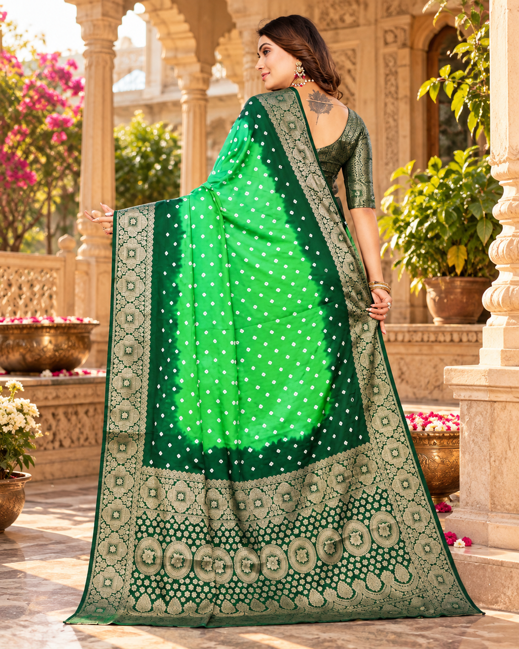 Satin Silk Bandhan Bhej Zari Border Work Saree With Unstitched Blouse(Green)