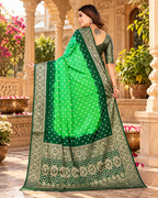 Satin Silk Bandhan Bhej Zari Border Work Saree With Unstitched Blouse(Green)