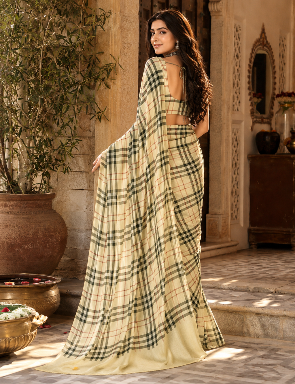 Satin Silk Printed Saree With Unstitched Blouse(Cream)