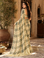 Satin Silk Printed Saree With Unstitched Blouse(Cream)