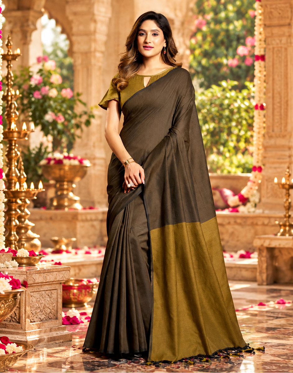Mulmul Cotton Saree With Unstitched Blouse(Brown)