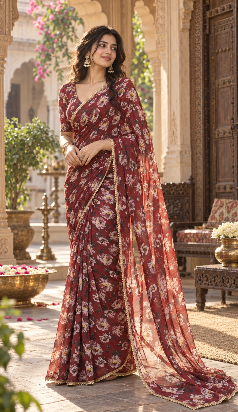 Georgette Digital Print Saree With Unstitched Blouse(Maroon)